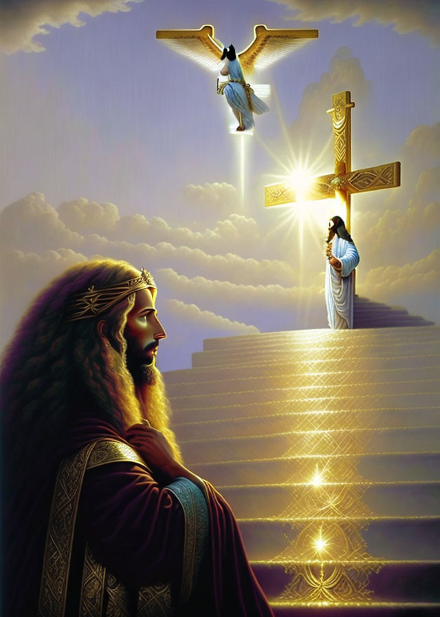 Religious painting: Jesus looking at illuminated cross with stairs, dove, and angels in heavenly setting