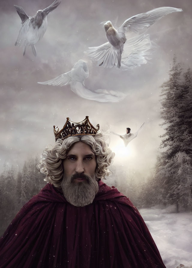 Regal man with crown and cape in misty forest with ethereal birds.