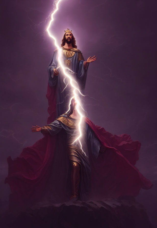 Royal figure in majestic attire summons lightning bolt with outstretched arms