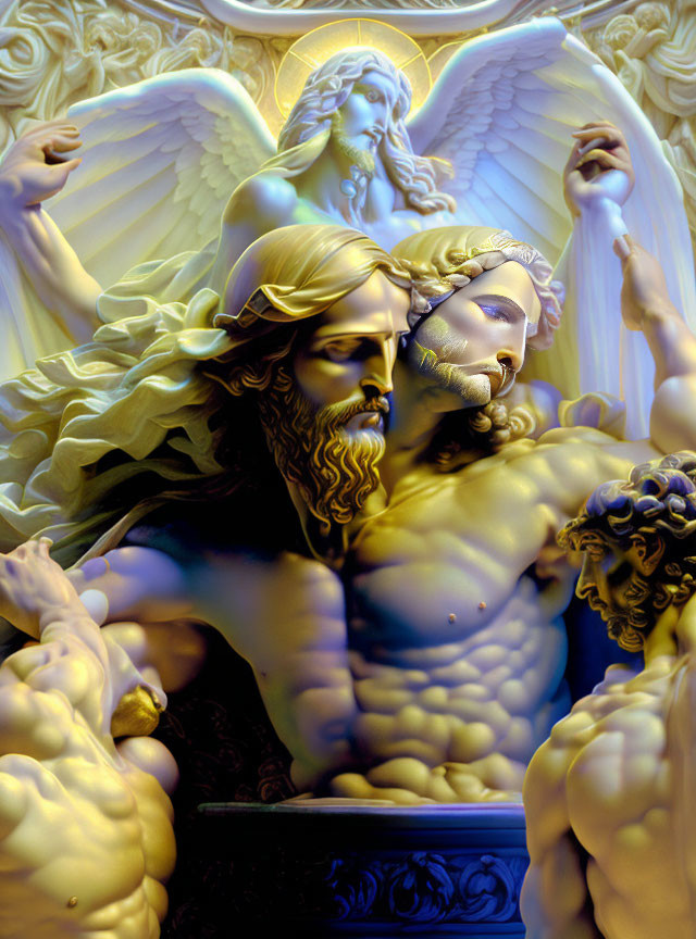 Classical-style sculptures of angels and male figures with golden halo effect