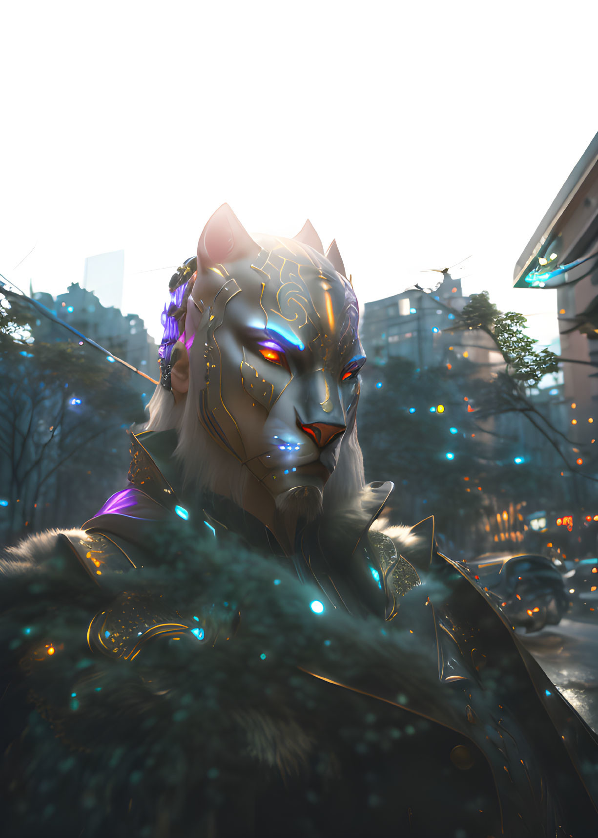 Lion-headed humanoid with golden tattoos in futuristic cityscape