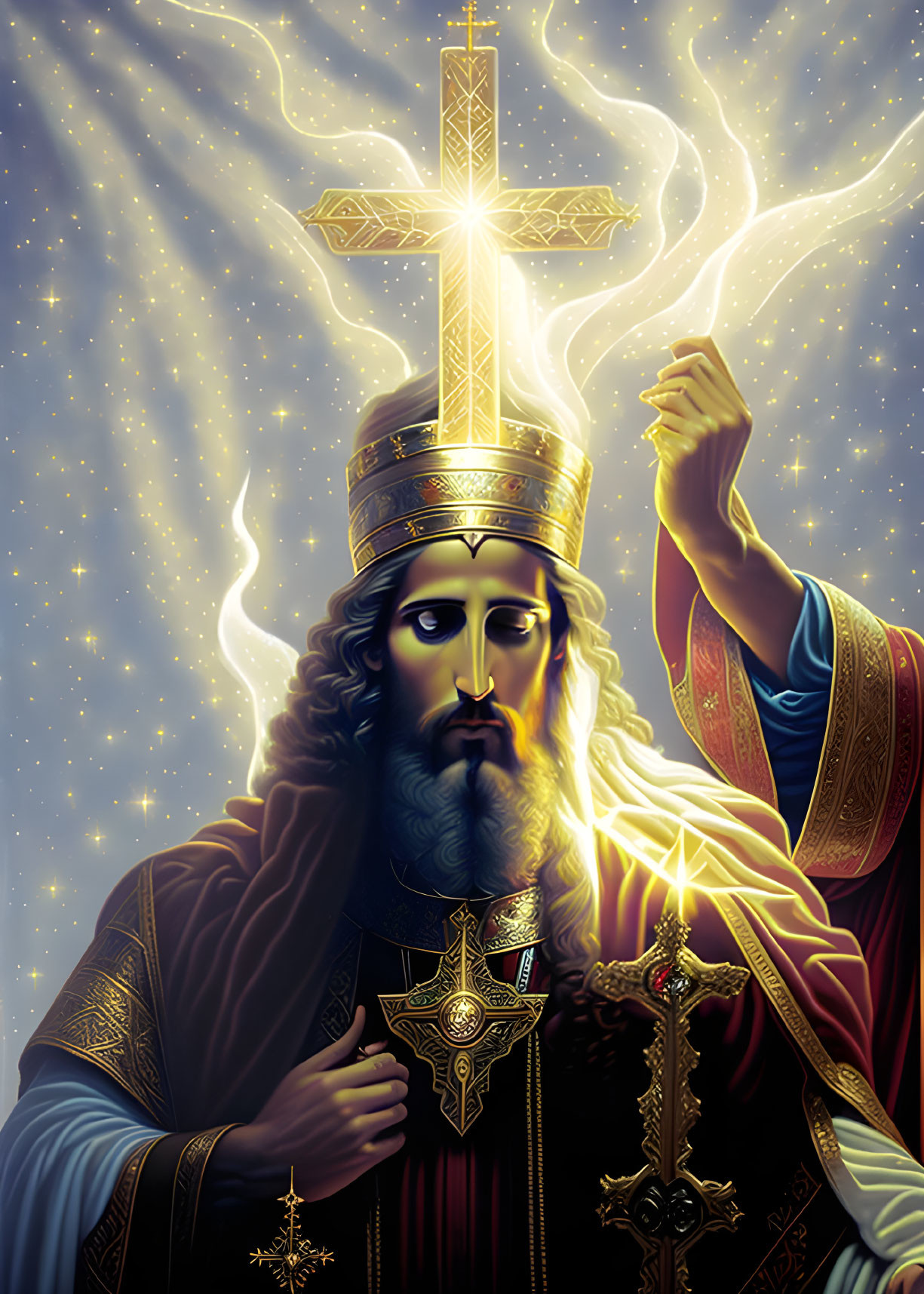 Regal figure with halo, crown, cross, and scepter in starry setting