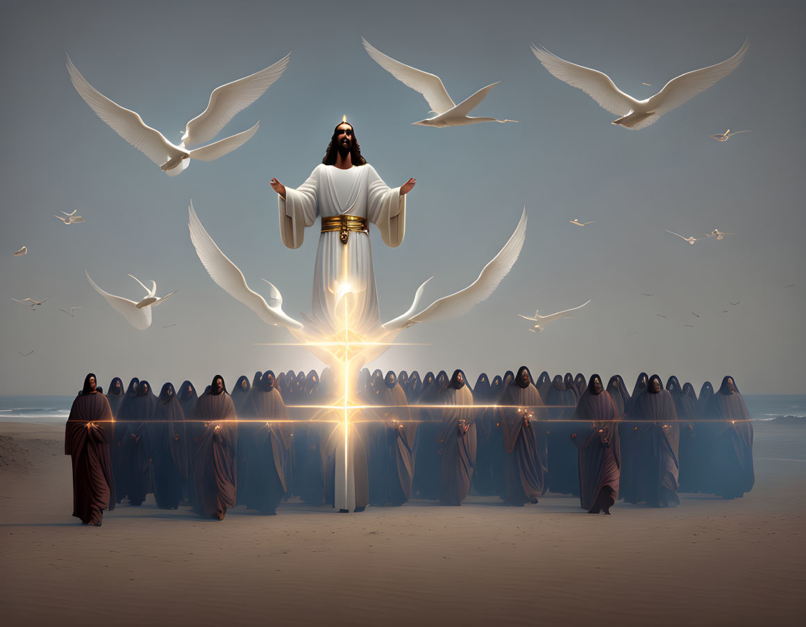 Figure with outstretched arms and glowing heart above robed individuals in desert with flying white birds under