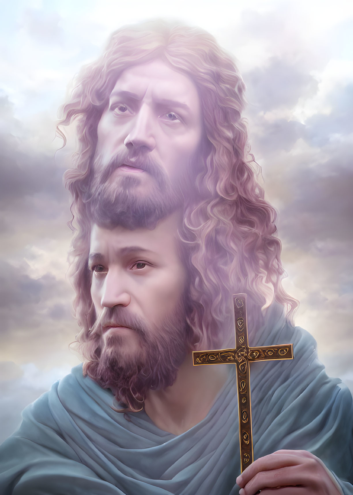 Classical digital painting of two men in garb with cross under serene sky