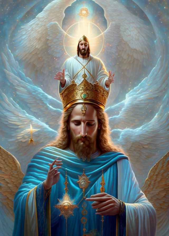 Regal figure with halo, crown, wings, blue and gold robes under celestial light