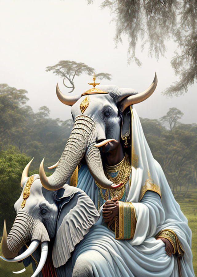 Ornately adorned elephants in misty forest