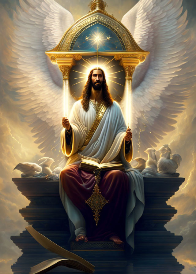 Majestic figure on throne with angel wings and scepter