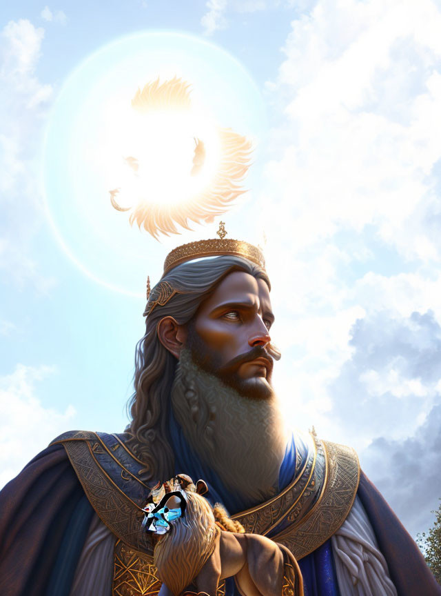 Majestic man with crown gazes at luminous phoenix in the sky