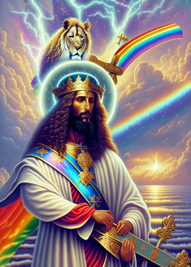 Lion-faced figure in royal attire with Christian symbols under radiant rainbow.