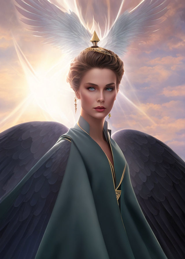 Dark-winged female angel in green cloak with golden jewelry before radiant sun and cross.