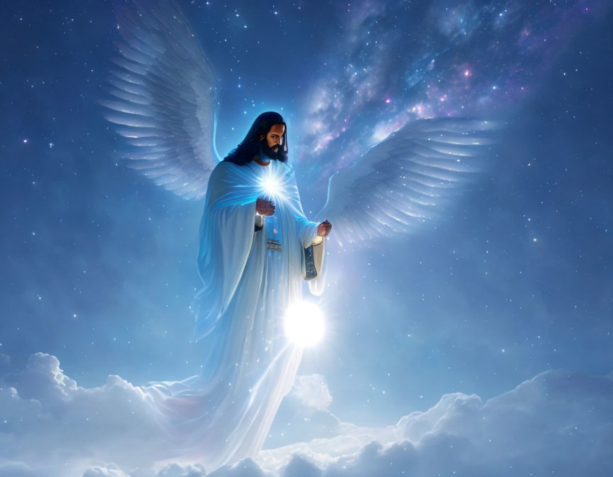 Angelic figure with wings holding lantern in starry sky.