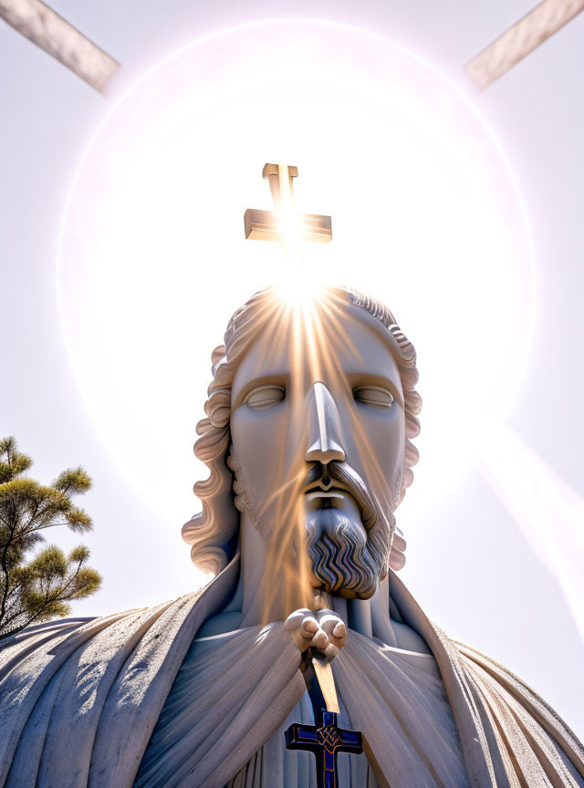 Glowing cross above Jesus statue under clear sky symbolizing divinity