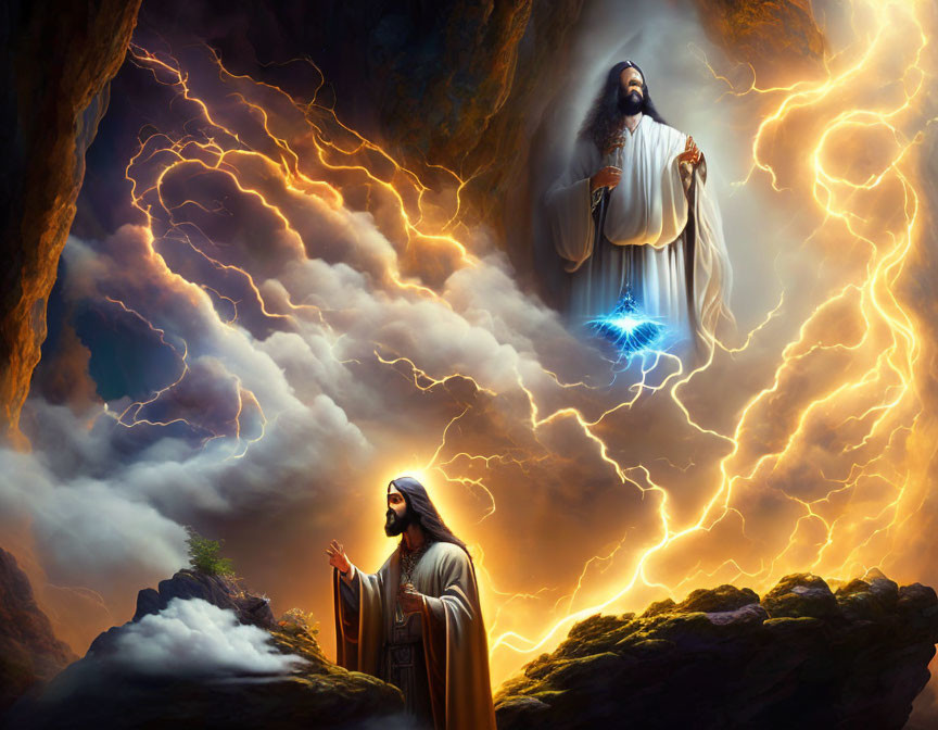 Mystical cave scene with robed figures and lightning