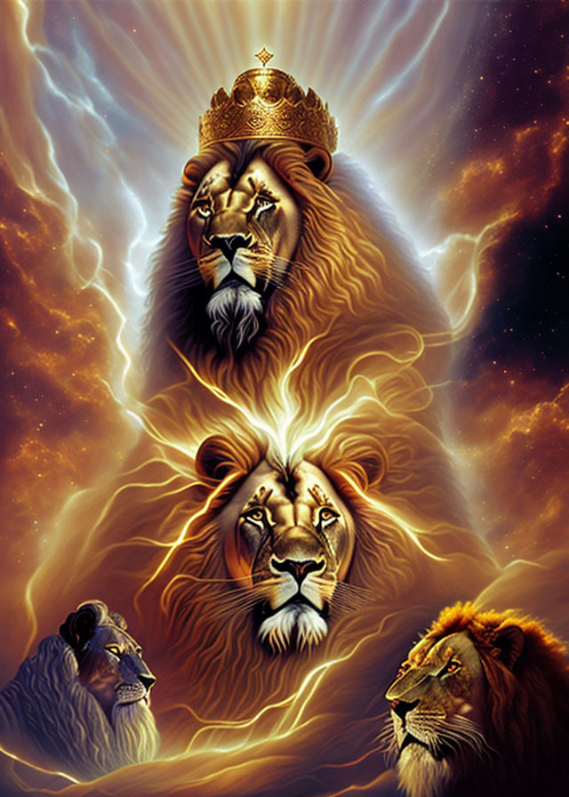 Majestic lions illustration with crowned lion in cosmic setting