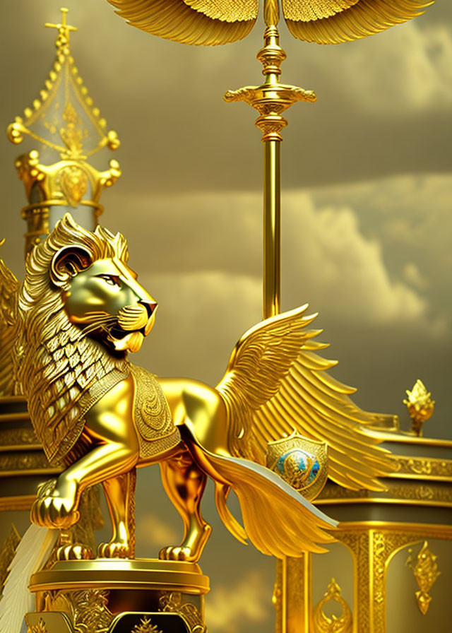 Golden Winged Lion Sculpture with Globe - Regal and Mythical Theme