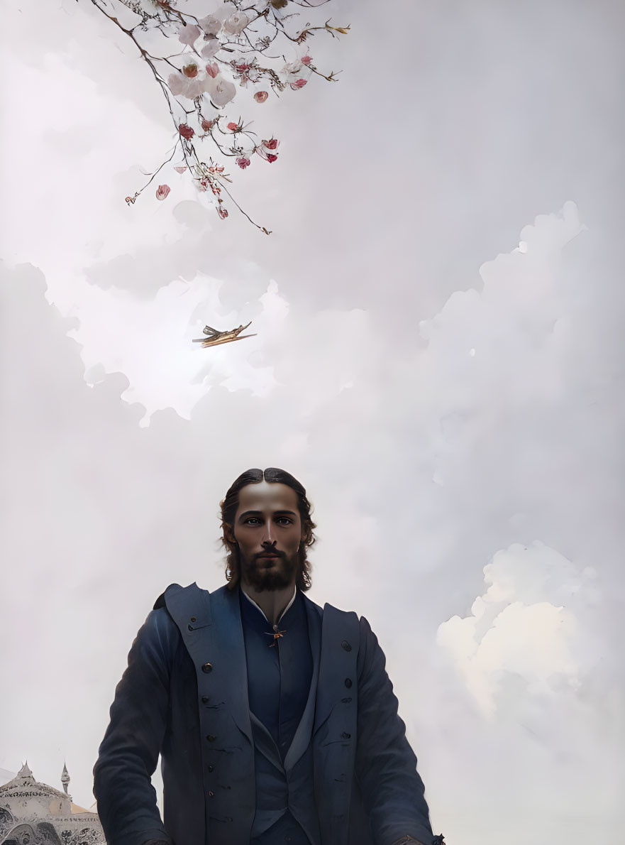 Bearded man in blue coat under cloudy sky with blossoming flowers and bird.