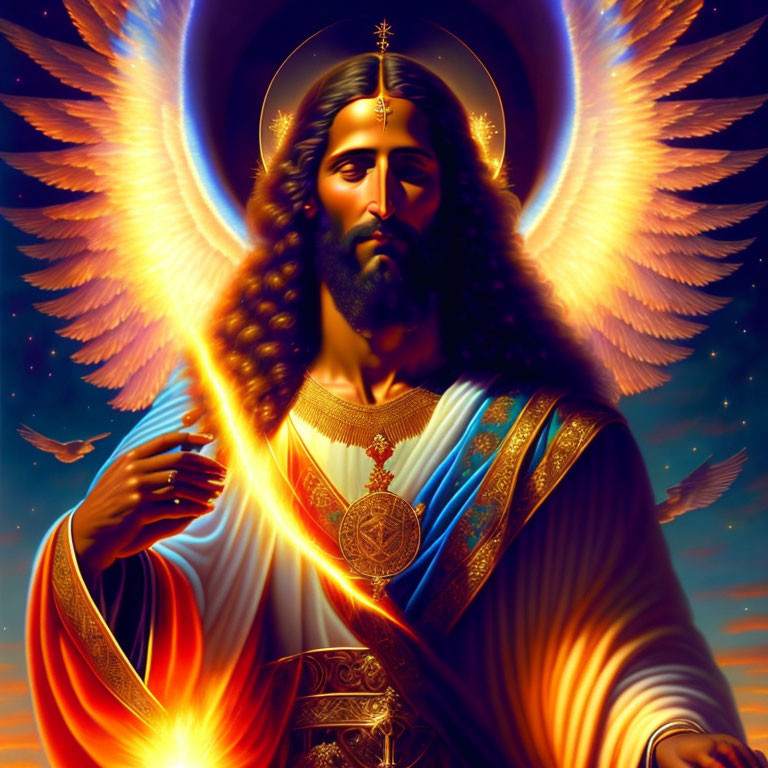 Stylized depiction of figure with halo, wings, and divine aura