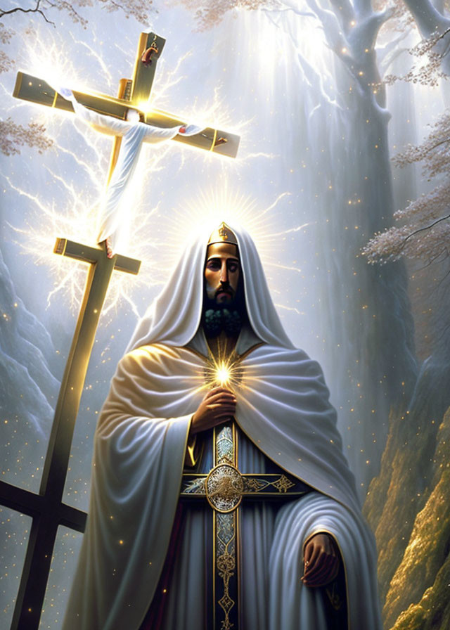 Bearded Figure in White and Gold Robes with Radiant Heart Before Cross