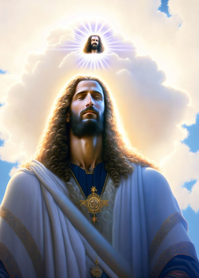 Bearded man in robe gazes at radiant figure in clouds