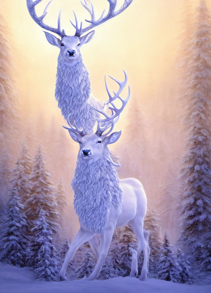 Majestic white stags with impressive antlers in snowy forest