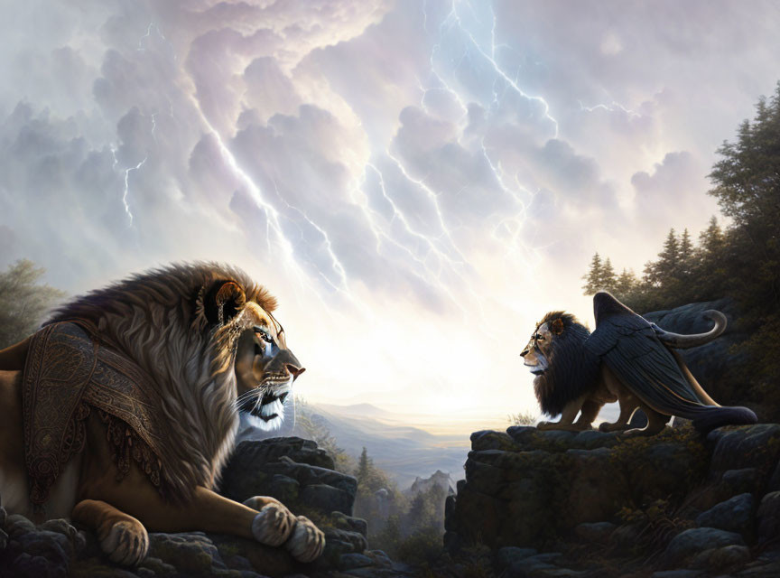 Majestic lion with decorated mane meets fantasy lion with wings on rocky terrain under dramatic sky.