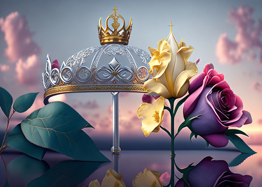 Regal crown on glass pedestal with vibrant roses under dusk sky