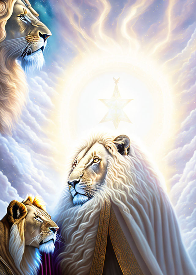 Majestic illustration of three lions in robes under a celestial sky