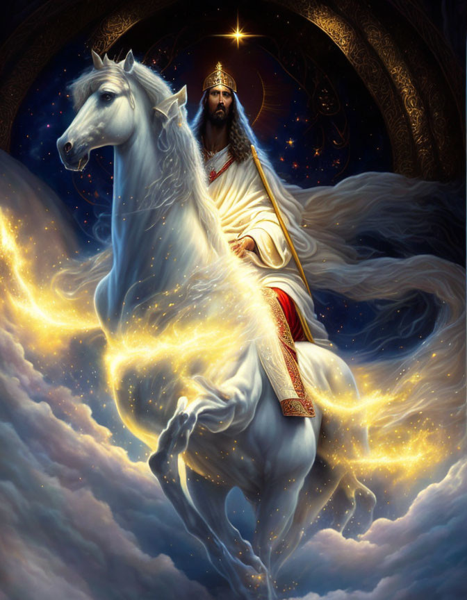 Regal man on glowing white horse under starry sky