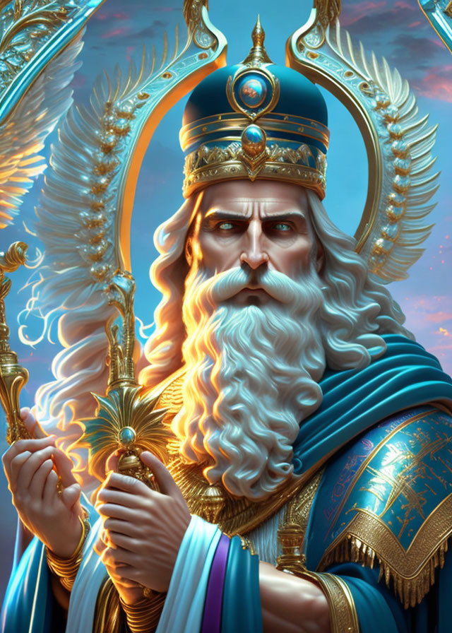 Regal King with White Beard in Blue and Gold Robe