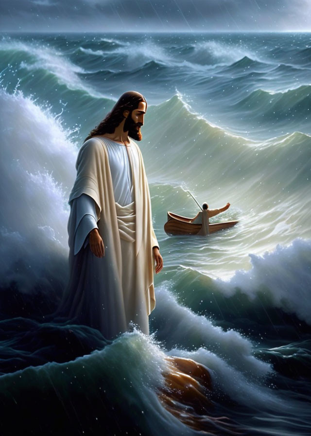 Figure in robes stands on ocean waves near small boat in stormy sea