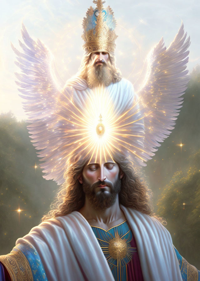 Divine-themed illustration of two figures with halo, wings, and symbolic robes