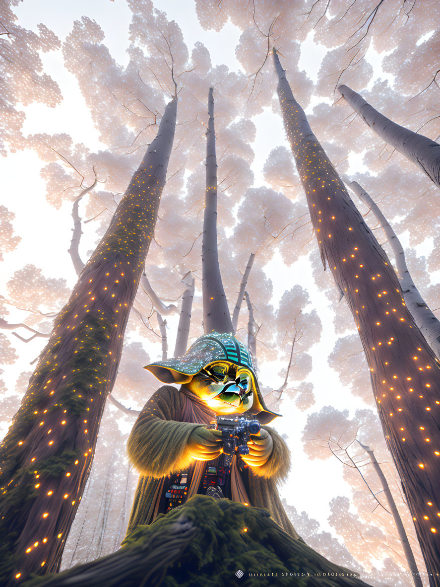 Stylized Baby Yoda with glowing trees and sparkling lights