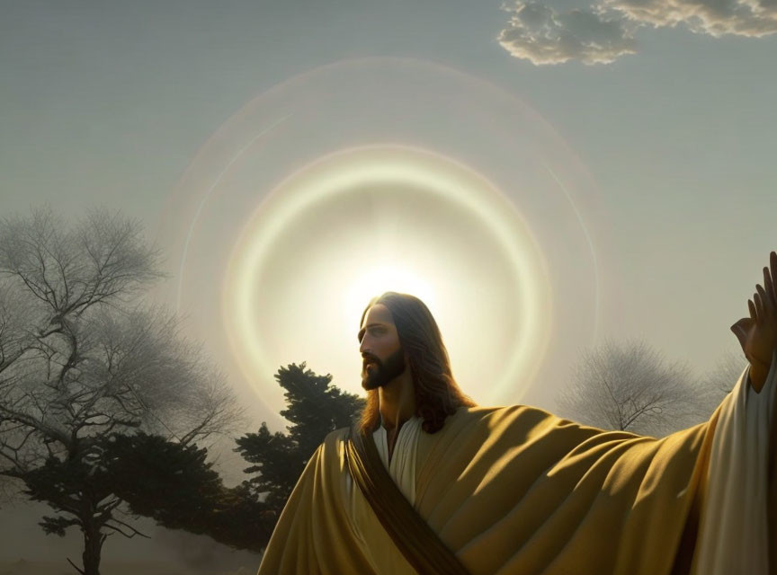 Religious figure with halo blessing, under vivid sky and trees