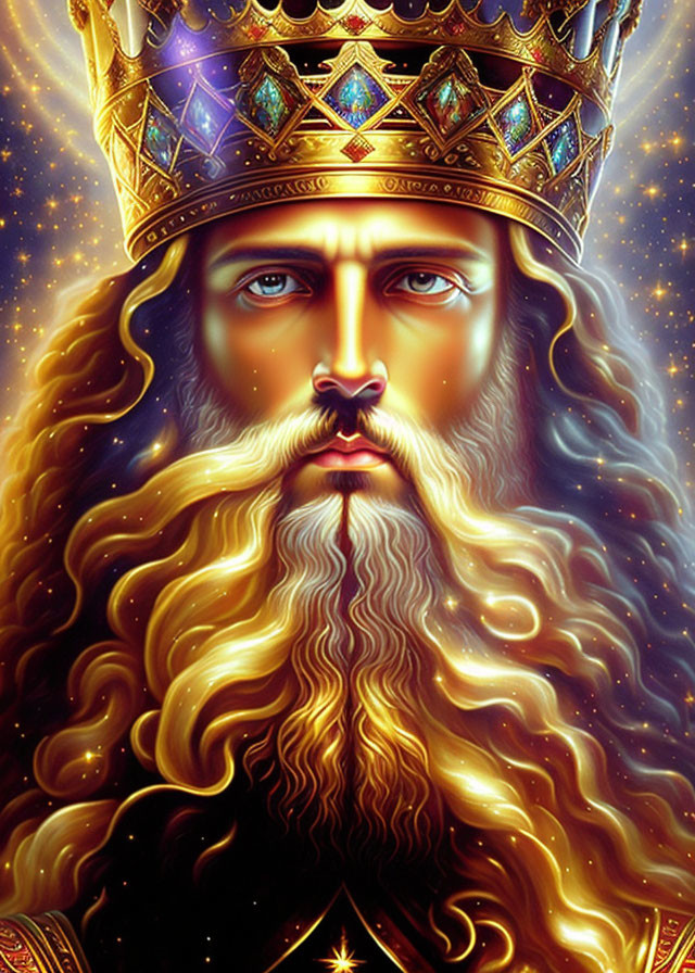 Majestic figure with long beard and crown in starry setting