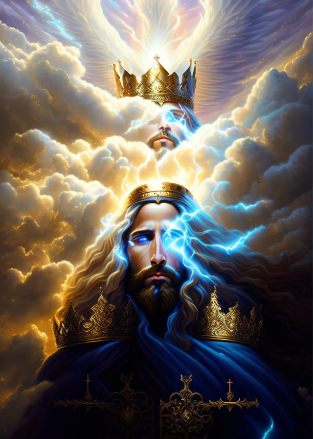 Majestic crowned figure with flowing beard in glowing clouds