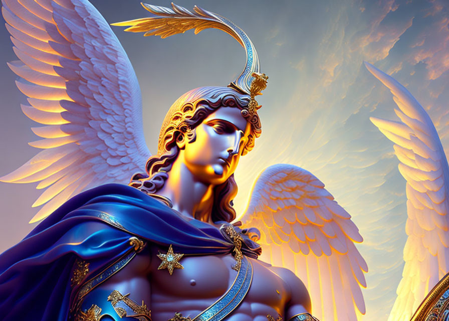 Archangel with White Wings and Golden Armor in Blue Robes