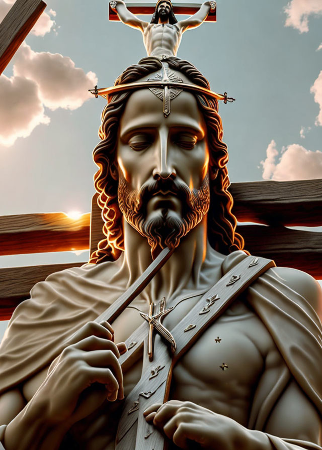 Religious artwork: Jesus on cross with heart, thorn crown, cloudy sky