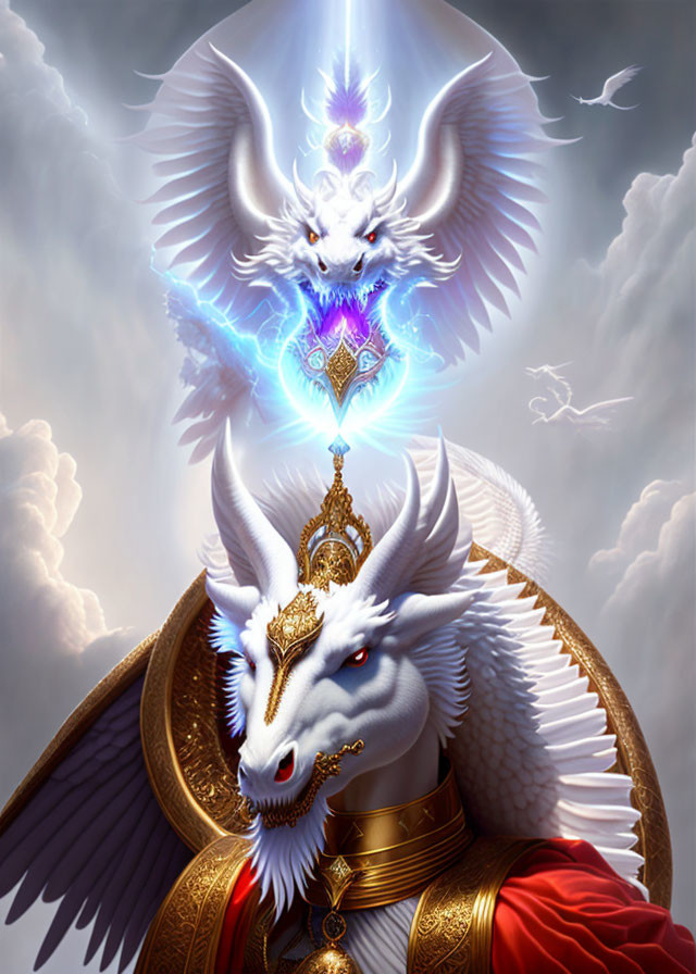 Majestic white dragon with golden ornaments and spirit against cloudy sky