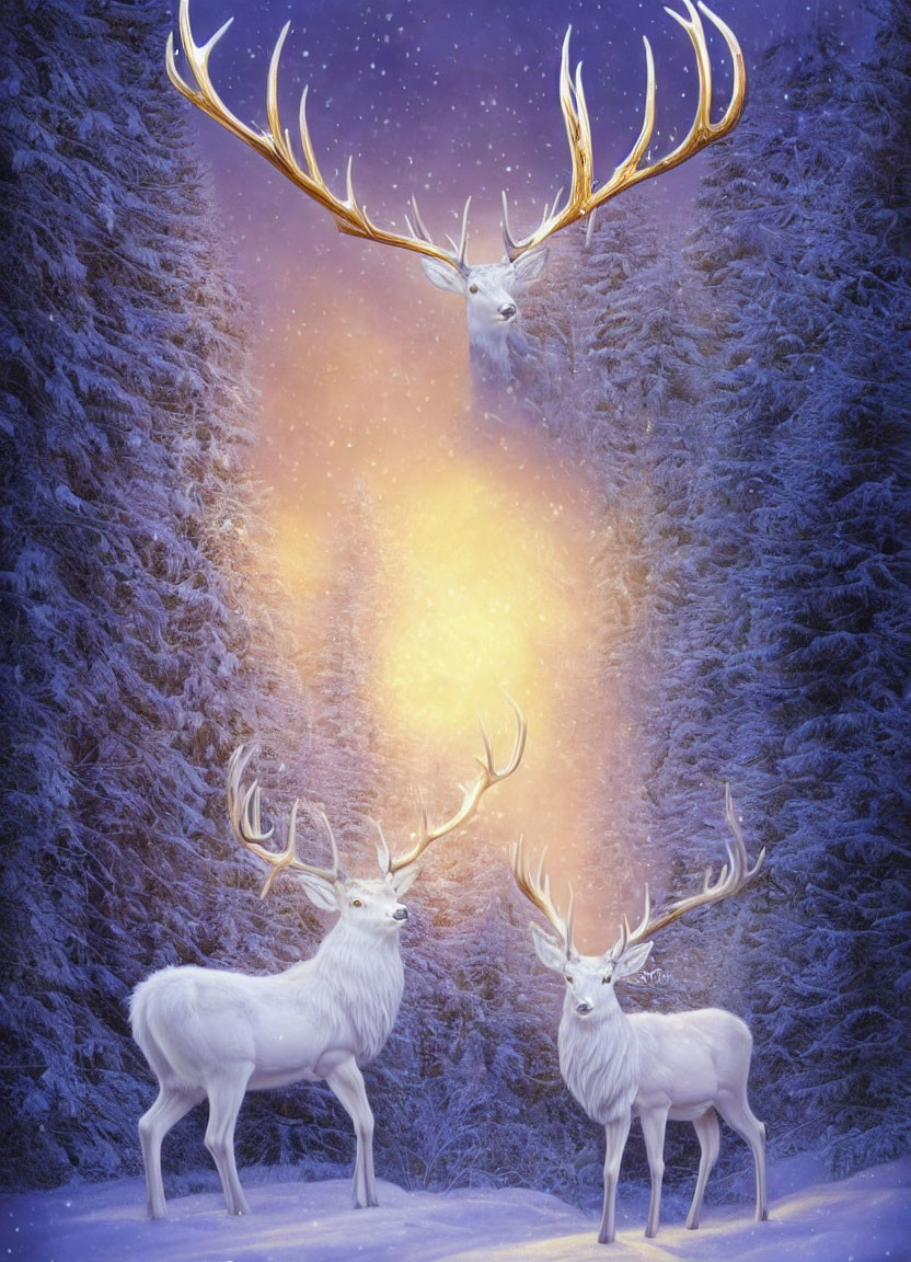 Three White Deer with Luminous Antlers in Snowy Forest with Glowing Portal