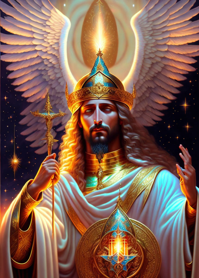 Majestic angelic figure with wings, scepter, lantern, crown, and radiant light.