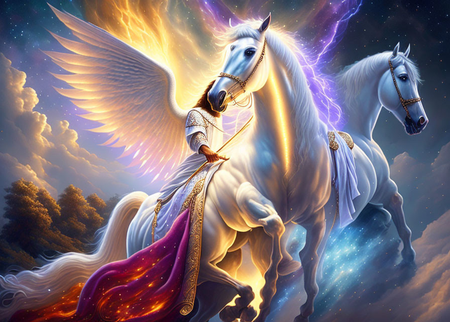 Majestic winged horse with golden mane under celestial sky