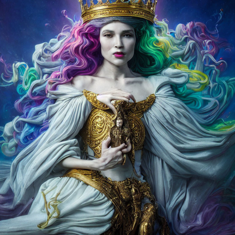 Multicolored flowing hair woman in gold crown and corset on blue background