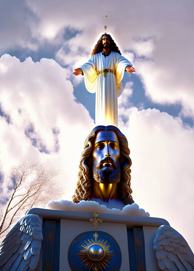 Layered religious representation with Jesus on the cross, larger Jesus with outstretched arms, and saint