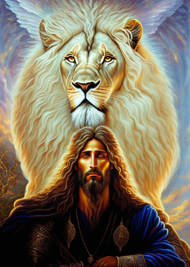 Man with long hair and beard in regal attire with white lion on blue and golden background