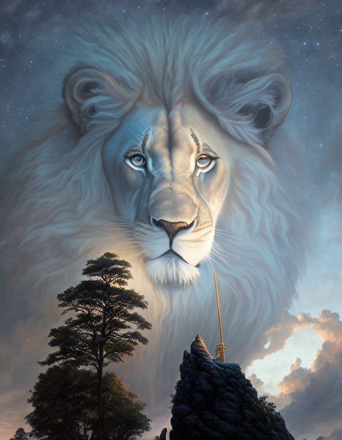 Majestic lion head with starry sky, tree silhouette, rock pinnacle, and embedded sword