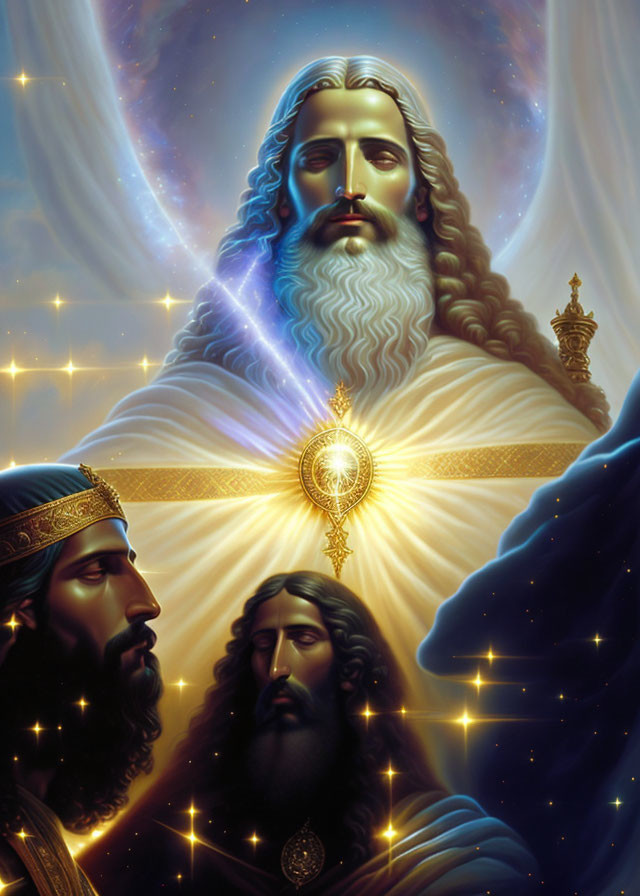 Illustration of three bearded figures with glowing central figure against celestial backdrop