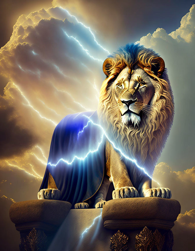 Majestic lion with flowing mane on stone platform under stormy sky