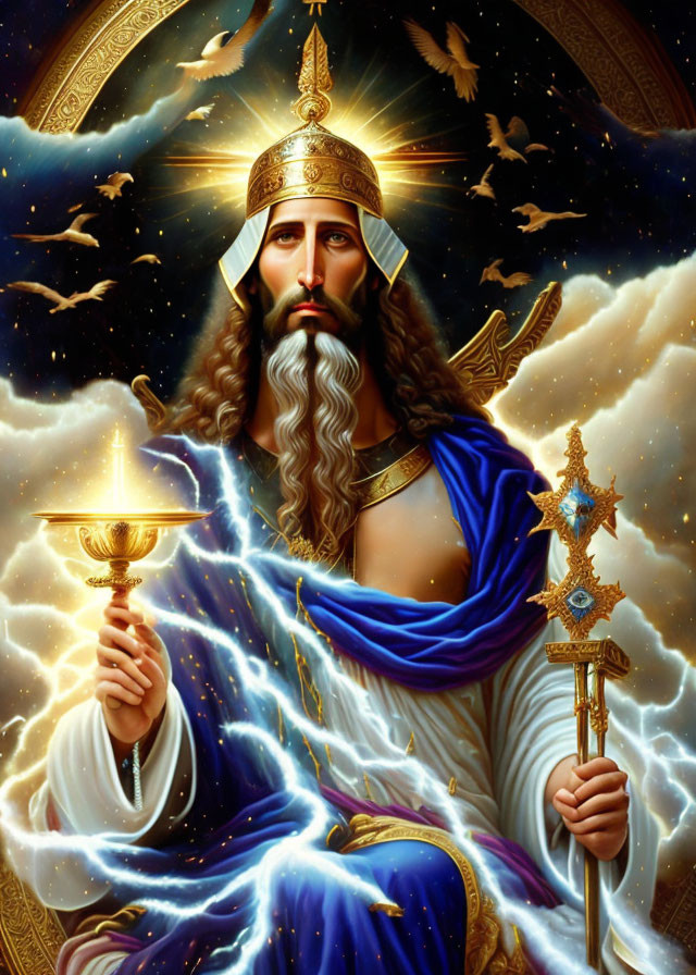 Regal figure with white beard, golden crown, and blue robe holding scepter and chalice in