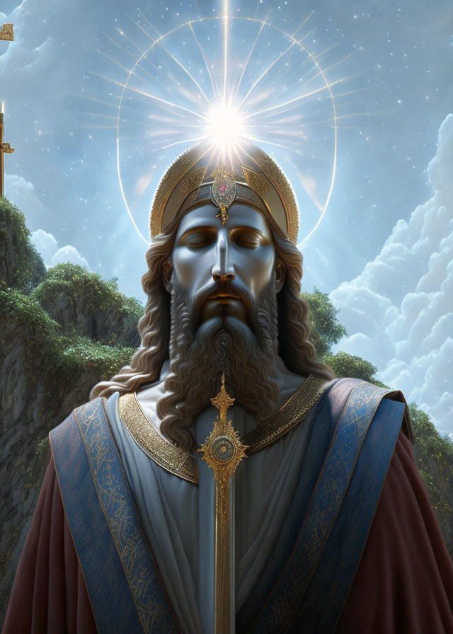 Regal bearded figure with halo, crown, and robes in digital art