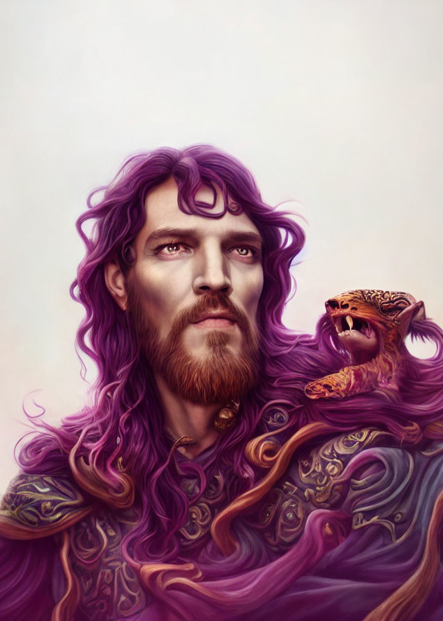 Purple-haired man with beard holding roaring dragon on shoulder against soft background.